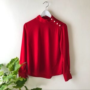 Zara Red Long Sleeve Top with Pearl Buttons